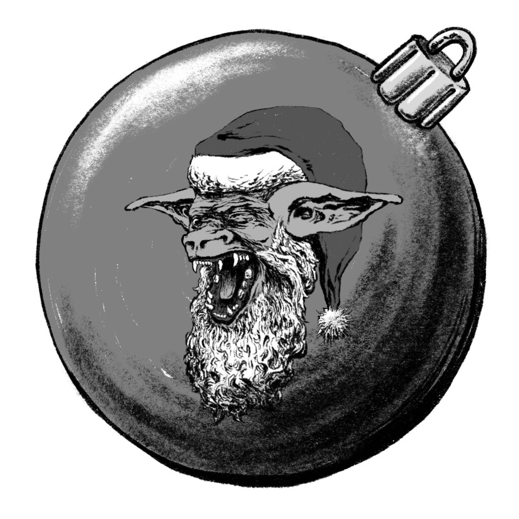 A Christmas tree ornament with the visage of a howling Rilk in a Santa hat with a Santa-esque beard.