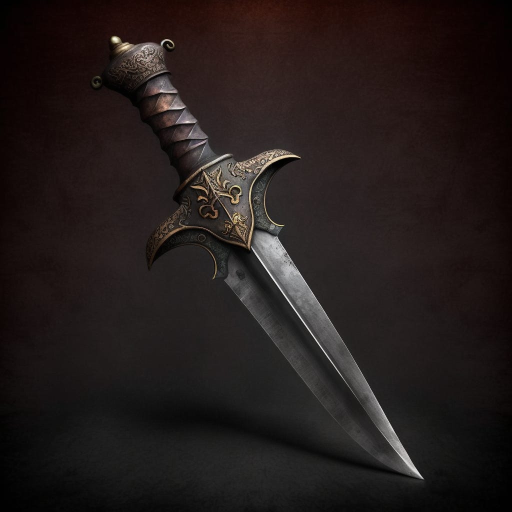 A sharp dagger with a textured handle.