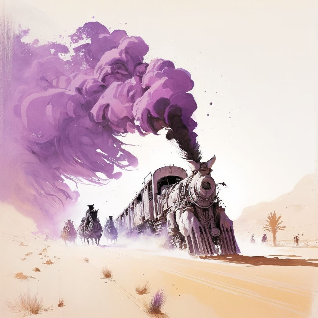A magic locomotive spews purple smoke as riders pursue it through the desert.